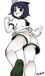 Rule 34 | 1girl, ass, black eyes, black hair, blush, colored skin, commentary request, cookie (touhou), crop top, foot out of frame, green footwear, highres, looking at viewer, looking back, medium bangs, milk (cookie), murasa minamitsu, open mouth, puffy short sleeves, puffy sleeves, shirt, short hair, short sleeves, simple background, smile, solo, tetugakuzonbi, touhou, white background, white headwear, white shirt, white skin