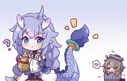 2girls :q ? antenna_hair bailu_(honkai:_star_rail) blue_eyes blush braid bright_pupils brown_eyes bug chinese_clothes commentary dragon dragon_girl dragon_horns dragon_tail eastern_dragon eastern_dragon_horns eastern_dragon_tail english_commentary fish_bone fly gourd grey_hair hair_between_eyes heart holding holding_gourd honkai:_star_rail honkai_(series) horns in_container in_trash_can insect kurotofu long_hair looking_at_another low_twintails multiple_girls parted_lips pointy_ears purple_hair sidelocks simple_background spoken_heart stelle_(honkai:_star_rail) tail thick_eyebrows tongue tongue_out trailblazer_(honkai:_star_rail) trash_bag trash_can trashcan_lid twin_braids twintails wide_sleeves