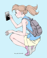 Rule 34 | 1girl, backpack, bag, blue background, blue shirt, brown hair, cellphone, from side, full body, grey bag, holding, holding phone, medium hair, original, phone, pink footwear, shirt, short shorts, shorts, signature, simple background, smartphone, solo, squatting, twintails, yellow shorts, zerra01