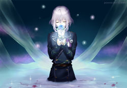 Rule 34 | 10s, 1boy, blue flower, blue rose, closed eyes, fireflies, flower, gloves, honebami toushirou, kjou, male focus, military, military uniform, own hands clasped, own hands together, partially submerged, personification, petals, plant, rose, solo, touken ranbu, uniform, upper body, vines, water, white gloves, white hair