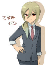 Rule 34 | 1boy, afuro terumi, bad id, bad pixiv id, blonde hair, blue hair, character name, formal, hand on own hip, inazuma eleven (series), inazuma eleven go, long hair, looking at viewer, male focus, mizuhara aki, multicolored hair, necktie, aged up, ponytail, red eyes, solo, suit, two-tone hair, white background