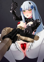 Rule 34 | 1girl, absurdres, animal ears, assault rifle, blue hair, blush, breasts, embarrassed, facepaint, frown, girls&#039; frontline, green eyes, gun, h&amp;k hk416, hair ornament, hairclip, heart pasties, highres, hk416 (girls&#039; frontline), hk416 (midnight evangelion) (girls&#039; frontline), holding, holding gun, holding weapon, light blue hair, long hair, looking at viewer, medium breasts, meme attire, nakiusagi, official alternate costume, pasties, rabbit ears, revealing clothes, reverse bunnysuit, reverse outfit, rifle, simple background, solo, sweat, very long hair, weapon, wrist cuffs