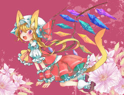 Rule 34 | 1girl, animal ears, ascot, blonde hair, bow, cat ears, cat tail, flandre scarlet, flower, glasses, hat, hat bow, highres, kusuke, open mouth, red-framed eyewear, sash, simple background, solo, tail, touhou, wings, wrist cuffs