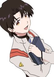 Rule 34 | 1girl, artist request, brown eyes, brown hair, hands on own chest, highres, holding, holding laptop, ibuki maya, laptop, looking at viewer, neon genesis evangelion, open mouth, short hair, simple background, smile, solo, uniform