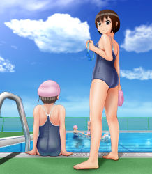 Rule 34 | 5girls, ass, barefoot, brown hair, competition school swimsuit, goggles, grey eyes, highres, irohatori, looking at viewer, multiple girls, outdoors, pool, school swimsuit, short hair, swim cap, unworn swim cap, swimsuit, tan, tanline