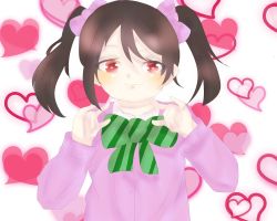Rule 34 | 1girl, artist name, artist request, black hair, blush, bow, bowtie, breasts, cardigan, collared shirt, double m/, female focus, green bow, green bowtie, hair between eyes, hair bow, heart, heart background, highres, jacket, long hair, long sleeves, looking at viewer, love live!, love live! school idol project, nico nico nii, otonokizaka school uniform, parted lips, pink bow, pink cardigan, pink jacket, pink shirt, red eyes, school uniform, shirt, short hair, short twintails, small breasts, smile, solo, striped bow, striped bowtie, striped clothes, twintails, upper body, white background, yazawa nico