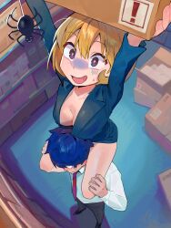 Rule 34 | 1boy, 1girl, arms up, bare legs, blazer, blonde hair, blue hair, bob cut, box, breasts, bug, carrying, cleavage, downblouse, foreshortening, from above, frown, glasses, hair between eyes, highres, holding, holding box, indoors, jacket, long sleeves, medium breasts, medium hair, narrowed eyes, necktie, nervous smile, office lady, open clothes, open jacket, open mouth, original, pencil skirt, pink pupils, purple eyes, scared, sekoshi (some1else45), shoulder carry, sitting on shoulder, skirt, smile, some1else45, spider, storage room