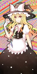 Rule 34 | 1girl, apron, blonde hair, buttons, card, choker, female focus, gloves, gradient hair, hat, holding, holding card, kirisame marisa, multicolored hair, necktie, no nose, playing card, smile, solo, touhou, vetina, waist apron, white gloves, witch, witch hat, yellow eyes