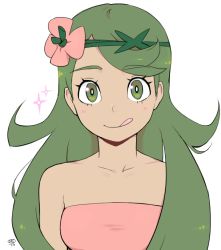 Rule 34 | 1girl, 2017, alternate hairstyle, asymmetrical bangs, bare shoulders, blush, breasts, collarbone, commentary, creatures (company), dark-skinned female, dark skin, english commentary, eyelashes, flower, game freak, green eyes, green hair, hair down, hair flower, hair ornament, long hair, looking at viewer, mallow (pokemon), milka (milk4ppl), nintendo, pokemon, pokemon sm, signature, simple background, small breasts, solo, trial captain, upper body, white background
