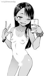 Rule 34 | 1girl, bangle, blush, bracelet, breasts, cellphone, censored, collarbone, dark-skinned female, dark skin, earclip, fang, geewhy, gluteal fold, greyscale, hair ornament, hairclip, highres, holding, holding phone, ijiranaide nagatoro-san, jewelry, monochrome, nagatoro hayase, nail polish, navel, nipples, one-piece tan, phone, pussy, ring, scrunchie, selfie, small breasts, smartphone, solo, standing, swept bangs, taking picture, tan, tanline, v, wrist scrunchie