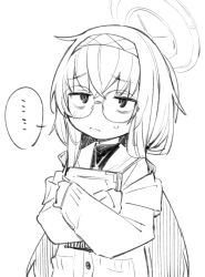 Rule 34 | ..., 1girl, :/, bags under eyes, blue archive, book, cardigan, crossed bangs, glasses, hairband, halo, holding, holding book, jewelry, low twintails, mojo, monochrome, muchi maro, necklace, off shoulder, round eyewear, school uniform, serafuku, simple background, sketch, solo, spoken ellipsis, sweatdrop, twintails, ui (blue archive), upper body