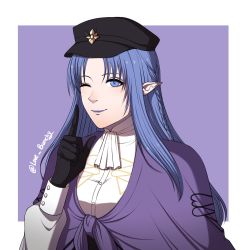 Rule 34 | 1girl, black gloves, blue eyes, blue hair, braid, closed mouth, commission, fate/grand order, fate/stay night, fate (series), fire emblem, fire emblem: three houses, garreg mach monastery uniform, gloves, hat, highres, index finger raised, long hair, looking at viewer, love bunchy, medea (fate), military hat, nintendo, one eye closed, pointy ears, side braid, smile, solo