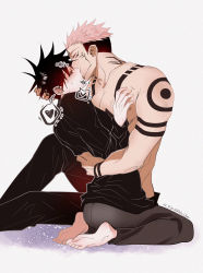 Rule 34 | 2boys, arm tattoo, ass, barefoot, black nails, black pants, black shirt, blush, chest tattoo, couple, extra eyes, facial tattoo, feet, fushiguro megumi, hand on another&#039;s head, highres, jujutsu kaisen, kiss, male focus, multiple boys, muscular, muscular male, nail polish, pants, pink hair, rulischen, ryoumen sukuna (jujutsu kaisen), shirt, short hair, shoulder tattoo, sitting, soles, spiked hair, tattoo, toes, topless male, yaoi