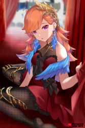 Rule 34 | 1girl, black pantyhose, breasts, cleavage, commentary request, curtains, dress, earrings, feather earrings, feathers, frills, hololive, hololive english, jewelry, long hair, looking at viewer, mujinbensin, official alternate costume, open mouth, orange hair, pantyhose, purple eyes, red curtains, red dress, see-through, see-through cleavage, sitting, solo, star (symbol), star print, takanashi kiara, takanashi kiara (party dress), thighlet, virtual youtuber, wariza, wing hair ornament