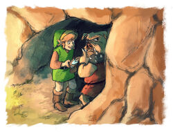 Rule 34 | 2boys, absurdres, bag, black eyes, border, brown bag, brown footwear, brown hair, cave, commentary, dated, english commentary, finger to mouth, from above, full body, green headwear, highres, holding, holding bag, licking lips, link, moblin, multiple boys, nintendo, outdoors, pants, pointy ears, red tunic, rupee (zelda), short hair, shoulder spikes, shushing, signature, spikes, standing, the legend of zelda, the legend of zelda (nes), tongue, tongue out, tunic, white border, white pants, yasmeen