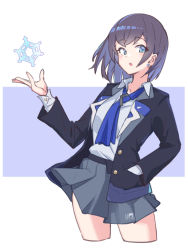 Rule 34 | 1girl, absurdres, azu ankoowl, black hair, black jacket, blazer, blue eyes, blush, character request, collared shirt, commentary request, cropped legs, earrings, grey skirt, hand in pocket, hand up, highres, jacket, jewelry, long sleeves, looking at viewer, open clothes, open jacket, parted lips, pleated skirt, purple background, school uniform, shirt, skirt, snowflakes, solo, stud earrings, two-tone background, white background, white shirt, world flipper