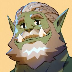 Rule 34 | 1boy, bara, beard, colored skin, dreadlocks, facial hair, full beard, green skin, grey hair, looking at viewer, male focus, mature male, monster boy, mustache, old, old man, orc, original, pointy ears, portrait, second-party source, short hair, smile, solo, taoren, thick beard, thick eyebrows, thick mustache, thick neck, tusks, yellow background