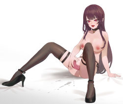 Rule 34 | 1girl, arm support, bad id, bad pixiv id, bikini, black footwear, blush, breasts, choker, cirilla lin, collarbone, dildo, female masturbation, girls&#039; frontline, long hair, masturbation, nipples, object insertion, open mouth, purple hair, pussy juice, red eyes, sex toy, side-tie bikini bottom, simple background, sitting, solo, spread legs, swimsuit, thighhighs, tongue, tongue out, topless, vaginal, vaginal object insertion, wa2000 (girls&#039; frontline), white background