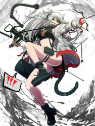 Rule 34 | !, !!, 1girl, ?, absurdres, animal ears, arknights, bare legs, black footwear, bow (weapon), breasts, cat ears, cat tail, commentary, crop top, crossbow, grey hair, grey jacket, highres, jacket, large breasts, long hair, midriff, open clothes, open jacket, ponytail, pouch, samacho, schwarz (arknights), shoes, solo, spoken question mark, stomach, tail, thigh strap, thighs, very long hair, weapon, yellow eyes