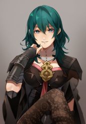 Rule 34 | 1girl, armor, black cape, blue eyes, blue hair, boots, brown pantyhose, byleth (female) (fire emblem), byleth (fire emblem), cape, doku gin1126, fire emblem, fire emblem: three houses, grey background, hair between eyes, high heel boots, high heels, lace, lace-trimmed legwear, lace trim, medium hair, nintendo, pantyhose, pantyhose under shorts, parted lips, shorts, simple background, solo