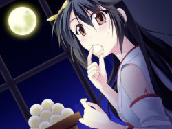Rule 34 | 10s, 1girl, black hair, brown eyes, detached sleeves, eating, full moon, haruna (kancolle), kana (moon orbit), kantai collection, looking at viewer, moon, night, night sky, nontraditional miko, personification, sky, solo
