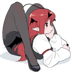 Rule 34 | 1girl, armband, ass, breasts, demon tail, flexible, frogsnake, from side, hand on own cheek, hand on own face, head rest, head wings, koakuma, long hair, long sleeves, looking ahead, lying, medium breasts, on stomach, pantyhose, pointy ears, red armband, red hair, simple background, smile, solo, tail, touhou, white background, wings