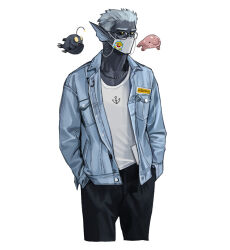 Rule 34 | 1boy, anglerfish, baby shark (song), black pants, black sclera, black skin, blobfish, blue shirt, colored sclera, colored skin, cowboy shot, fins, fish, glasses, hands in pockets, head fins, highres, jewelry, long sleeves, male focus, mask, mouth mask, necklace, original, pants, print tank top, rinotuna, shirt, simple background, solo, tank top, white background, white tank top, yellow eyes