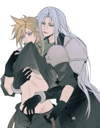 2boys absurdres alternate_hairstyle armor belt black_coat black_gloves black_panties blonde_hair blue_eyes blush braid chinese_commentary clothes_in_mouth clothes_lift cloud_strife coat crisis_core_final_fantasy_vii final_fantasy final_fantasy_vii genderswap genderswap_(mtf) gloves grabbing green_eyes green_scarf grey_hair groping hair_over_shoulder hand_on_another&#039;s_stomach hand_up highres holding holding_belt hug hug_from_behind light_smile long_bangs long_hair long_sleeves looking_down mouth_hold multiple_boys open_fly panties parted_bangs pauldrons raven9_k red_lips scarf sephiroth shinra_infantry_uniform shirt_in_mouth shirt_lift shoulder_armor simple_background single_braid slit_pupils spiked_hair underwear upper_body very_long_hair white_background yaoi
