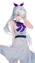 Rule 34 | 1girl, absurdres, arm behind back, arm behind head, character request, copyright request, cropped legs, dress, hair ribbon, highres, long hair, one eye closed, open mouth, ponytail, purple eyes, ribbon, sugar (dndi888), white background, white hair