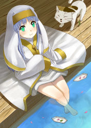 Rule 34 | 10s, 1girl, 2010, absurdres, alternate hair color, bad id, bad pixiv id, bare legs, barefoot, blue hair, cat, from above, full body, green eyes, habit, hat, highres, index (toaru majutsu no index), legs, looking up, nun, origami, outdoors, robe, shuizhanglang, sitting, smile, soaking feet, solo, sphinx (toaru majutsu no index), toaru majutsu no index, water