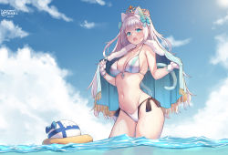 Rule 34 | 1girl, absurdres, animal ears, aqua bow, aqua eyes, artist name, bikini, bow, breasts, cat ears, cat girl, cat tail, cleavage, cloud, crown, day, fur trim, gloves, hair bow, hands up, highres, kuromori (1010845110), light blush, long hair, looking at viewer, medium breasts, multi-strapped bikini bottom, navel, open mouth, original, pixiv id, side-tie bikini bottom, sky, solo, standing, swimsuit, tail, twitter username, wading, water, watermark, wet, white gloves, white hair