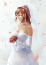 Rule 34 | 1girl, absurdres, alternate hairstyle, artist name, bare shoulders, bouquet, breasts, bridal veil, choker, cleavage, dated, dress, elbow gloves, erza scarlet, fairy tail, flower, gloves, hair flower, hair ornament, highres, long hair, petals, ponytail, red eyes, red hair, solo, veil, wedding dress, yikai