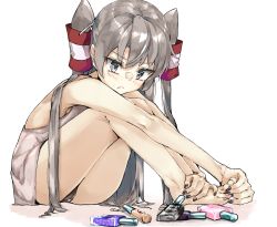 Rule 34 | 1girl, absurdres, alternate costume, amatsukaze (kancolle), applying manicure, applying pedicure, bare shoulders, barefoot, black panties, brown eyes, dress, hair tubes, hands on feet, highres, kantai collection, long hair, nail polish, nail polish bottle, painting nails, painting toenails, panties, pantyshot, pureko, silver hair, simple background, sitting, solo, two side up, underwear, white background, white dress