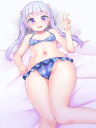 Rule 34 | 10s, 1girl, bikini, blush, breasts, checkered bikini, checkered clothes, doyouwantto, flower, hair flower, hair ornament, long hair, looking at viewer, lying, navel, new game!, on back, open mouth, purple eyes, purple hair, small breasts, smile, solo, suzukaze aoba, swimsuit, twintails