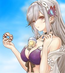 Rule 34 | 1girl, absurdres, azur lane, bare shoulders, between breasts, bikini, bikini top only, black choker, breasts, bubble tea, bubble tea challenge, butterfly hair ornament, choker, cleavage, commentary request, cup, disposable cup, doughnut, dunkerque (azur lane), dunkerque (summer sucre) (azur lane), earrings, food, grey hair, hair ornament, highres, holding, holding food, jewelry, large breasts, long hair, looking at viewer, pastry, purple bikini, red eyes, sidelocks, solo, sweets, swimsuit, tomozou-1971