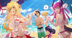 Rule 34 | 1boy, 3girls, ahoge, artoria pendragon (fate), artoria pendragon (swimsuit archer) (fate), beach, beach umbrella, bead bracelet, beads, bikini, bird, black hair, blonde hair, blue eyes, blue jacket, blue sky, blush, bracelet, braid, breasts, bubble1995, chinese commentary, closed mouth, clothes around waist, commentary, criss-cross halter, crossed arms, day, dragon girl, dragon horns, dragon tail, earrings, eighth note, elizabeth bathory (fate), elizabeth bathory (fate/extra ccc), fang, fate/grand order, fate (series), flower, french braid, frilled bikini, frills, fujimaru ritsuka (male), fujimaru ritsuka (male) (brilliant summer), green eyes, green shorts, hair flower, hair intakes, hair ornament, hair ribbon, halterneck, hands up, highres, holding, holding hose, horns, hose, jacket, jacket around waist, jewelry, long hair, looking ahead, looking at another, medium breasts, multiple girls, musical note, navel, nero claudius (fate), nero claudius (fate) (all), nero claudius (swimsuit caster) (fate), nero claudius (swimsuit caster) (third ascension) (fate), no mouth, open mouth, outdoors, petals, pink hair, pointy ears, purple horns, red bikini, red flower, ribbon, sand, scrunchie, see-through, see-through sleeves, short hair, shorts, side-tie bikini bottom, sidelocks, skin fang, sky, sling bikini top, small breasts, striped bikini, striped clothes, sweatdrop, swimsuit, tail, teeth, thought bubble, tree, two-tone bikini, two side up, umbrella, upper teeth only, water, white bikini, white flower, white ribbon, white scrunchie, wrist scrunchie, | |