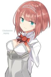 Rule 34 | 1girl, ark royal (kancolle), arms behind back, blue eyes, blunt bangs, bob cut, cleavage cutout, clothing cutout, corset, fathom, flower, hairband, highres, inverted bob, jacket, kantai collection, long sleeves, looking at viewer, red flower, red hair, red neckwear, red rose, rose, short hair, simple background, solo, tiara, twitter username, upper body, white background, white corset