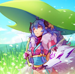 Rule 34 | ahoge, artist name, blue hair, braid, closed mouth, cloud, commentary, cowboy shot, curled horns, english commentary, foliage, gloves, hair between eyes, hair ornament, headpat, horns, kindred (league of legends), lamb (league of legends), leaf, league of legends, long hair, looking afar, pointy ears, red eyes, red gloves, shaded face, sidelocks, sky, smile, spirit blossom kindred, standing, vmat, wolf (league of legends)
