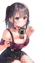 Rule 34 | 1girl, bad id, bad pixiv id, bare shoulders, black collar, black skirt, blush, breasts, bubble tea, bubble tea challenge, cleavage, closed mouth, collar, collarbone, commentary request, cup, disposable cup, fingernails, fishnet pantyhose, fishnets, grey hair, hair between eyes, hands up, highres, large breasts, long hair, looking at viewer, mole, object on breast, off-shoulder shirt, off shoulder, original, pantyhose, pleated skirt, purple eyes, purple shirt, shirt, simple background, single leg pantyhose, skirt, solo, suspender skirt, suspenders, tsukiman, wet, white background