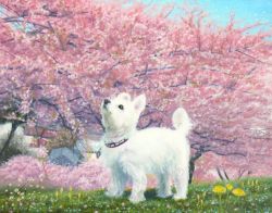 Rule 34 | akashi kaikyou, animal, calligraphy brush, calligraphy brush (medium), cherry blossoms, collar, commentary request, day, dog, no humans, original, paintbrush, scenery, spring (season), traditional media