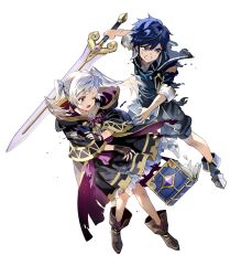 Rule 34 | 1boy, 1girl, aged down, black coat, black gloves, blue eyes, blue hair, braid, chrom (child) (fire emblem), chrom (fire emblem), clenched teeth, coat, damaged, fingerless gloves, fire emblem, fire emblem awakening, fire emblem heroes, gloves, grey eyes, highres, holding, holding sword, holding weapon, nintendo, non-web source, one eye closed, open mouth, robin (female) (child) (fire emblem), robin (female) (fire emblem), robin (fire emblem), sword, teeth, torn clothes, torn coat, twintails, weapon, white hair