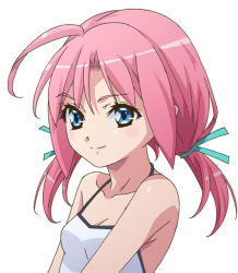 Rule 34 | 1girl, ahoge, amano yo-ki, blue eyes, breasts, camisole, cleavage, collarbone, halterneck, halterneck, low twintails, original, pink hair, small breasts, smile, solo, twintails, upper body