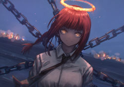 Rule 34 | 1girl, black necktie, blunt bangs, braid, braided ponytail, chain, chained, chainsaw man, city, city lights, cityscape, clear sky, closed mouth, collarbone, collared shirt, commentary, cuffs, english commentary, eyebrows, field, franlol, halo, highres, long hair, looking at viewer, makima (chainsaw man), necktie, night, night sky, outdoors, red hair, ringed eyes, scenery, shackles, shirt, sidelocks, sky, smile, solo, star (sky), starry sky, white shirt, yellow eyes
