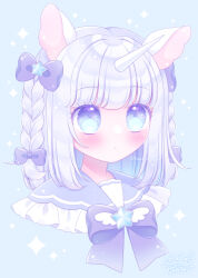 Rule 34 | 1girl, animal ears, blue background, blue eyes, blue sailor collar, blush, bow, braid, closed mouth, commentary request, cropped shoulders, frilled sailor collar, frills, grey hair, highres, himetsuki luna, looking at viewer, original, portrait, purple bow, sailor collar, signature, simple background, solo, sparkle, star (symbol), star in eye, symbol in eye, twin braids, twitter username, unicorn girl