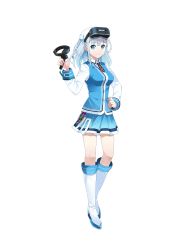 Rule 34 | 1girl, absurdres, blue eyes, blue jacket, blue skirt, boots, full body, hand on own hip, head-mounted display, highres, holding, jacket, knee boots, long hair, looking at viewer, madobe tooko, miniskirt, necktie, pleated skirt, shirt, short necktie, silver hair, simple background, skirt, sleeveless, sleeveless jacket, solo, standing, white background, white footwear, white shirt