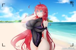 Rule 34 | 1girl, absurdres, ahoge, arm up, beach, blue eyes, blue sky, breasts, cloud, female focus, hand on own face, high school dxd, highleg, highleg swimsuit, highres, huge breasts, long hair, navel, ocean, one-piece swimsuit, open mouth, recording, red hair, ria a9, rias gremory, see-through, skindentation, sky, solo, standing, swimsuit, water