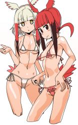 Rule 34 | 10s, 2girls, :&gt;, :o, alternate costume, arm at side, bare shoulders, bikini, bikini pull, bird tail, bird wings, black hair, blunt bangs, blush, breasts, cameltoe, cleavage, closed mouth, clothes pull, collarbone, covered erect nipples, cowboy shot, cropped legs, empty eyes, eyelashes, facing away, facing viewer, feathers, frilled bikini, frills, gluteal fold, groin, head tilt, head wings, higa norio, highres, hip bones, japanese crested ibis (kemono friends), kemono friends, legs apart, micro bikini, midriff, multicolored hair, multiple girls, navel, open mouth, pink bikini, red hair, scarlet ibis (kemono friends), shiny skin, short hair, short hair with long locks, side-tie bikini bottom, sideboob, sidelocks, simple background, small breasts, standing, swimsuit, tail, tareme, tsurime, two-tone hair, underboob, white background, white bikini, white hair, wings, yellow eyes