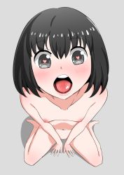 Rule 34 | 1girl, black hair, breasts, copyright request, female focus, heart, heart-shaped pupils, highres, kyuubu, looking at viewer, nipples, nude, open mouth, saliva, shiny skin, short hair, small breasts, solo, symbol-shaped pupils, tongue