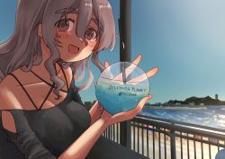 Rule 34 | 1girl, absurdres, alternate costume, bare shoulders, beach, black shirt, blue sky, breasts, brown eyes, cleavage, cup, day, drinking straw, grey hair, hair between eyes, highres, holding, holding cup, kantai collection, large breasts, large hands, long hair, looking at viewer, mizunototori, open mouth, outdoors, pola (kancolle), railing, shirt, sky, solo, thick eyebrows, upper body, water