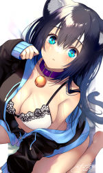 Rule 34 | 1girl, animal ear fluff, animal ears, bell, black hair, blue eyes, blush, bra, breasts, cat girl, chita (ketchup), hair between eyes, highres, jacket, jingle bell, long hair, looking at viewer, open clothes, open jacket, original, simple background, solo, tail, underwear, white bra